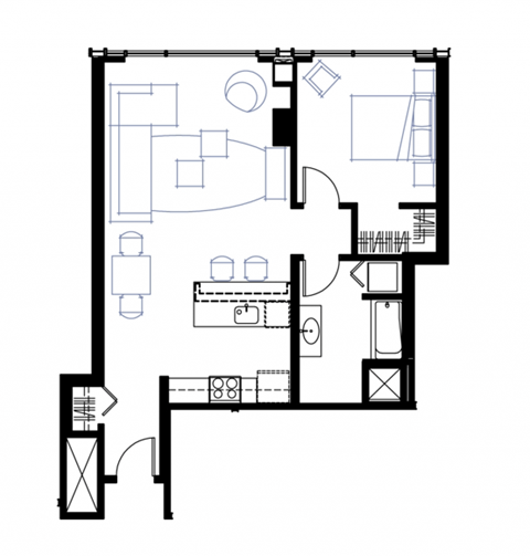 Floor plan for 1 bed, 1 bath, 734 sqft